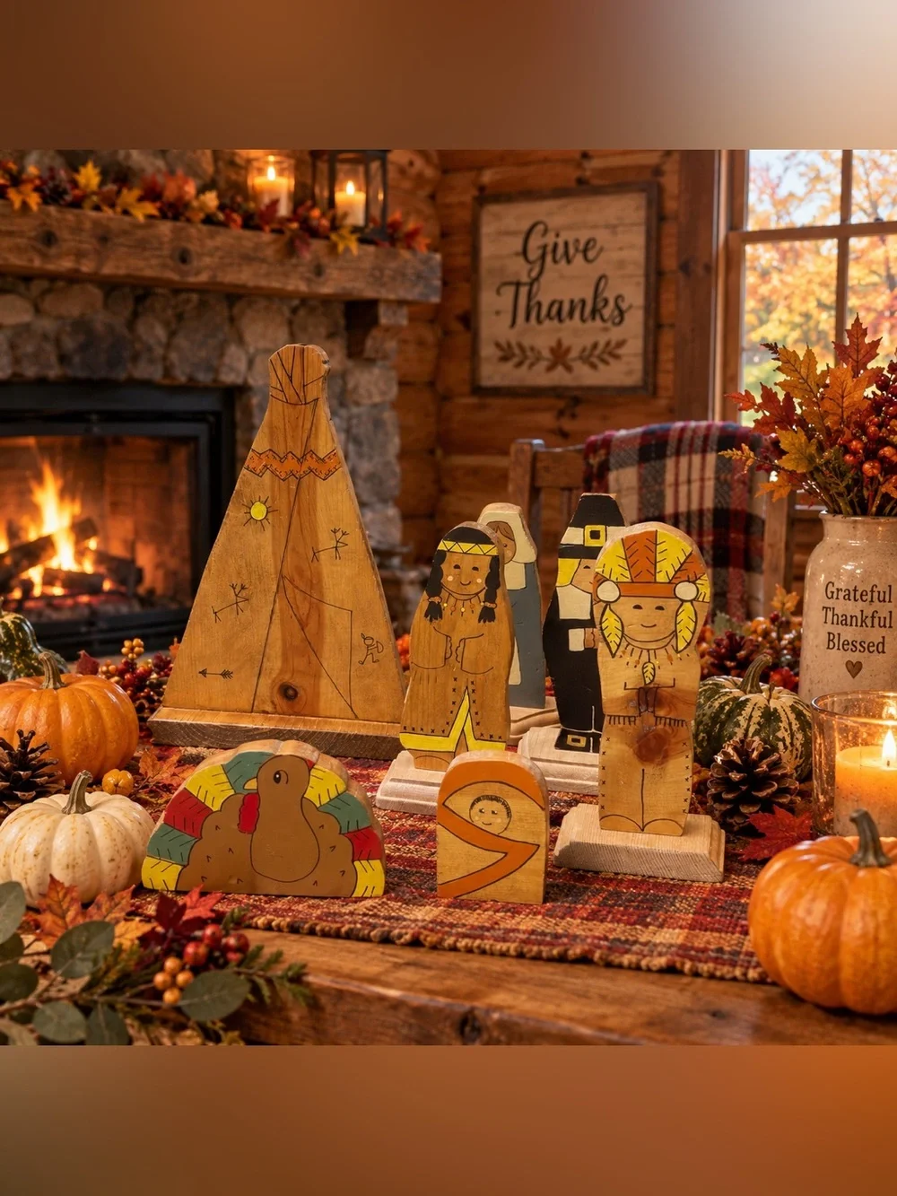 Vintage Primitive Handcrafted Thanksgiving Fall Display 7 Piece Vermont Folk Art